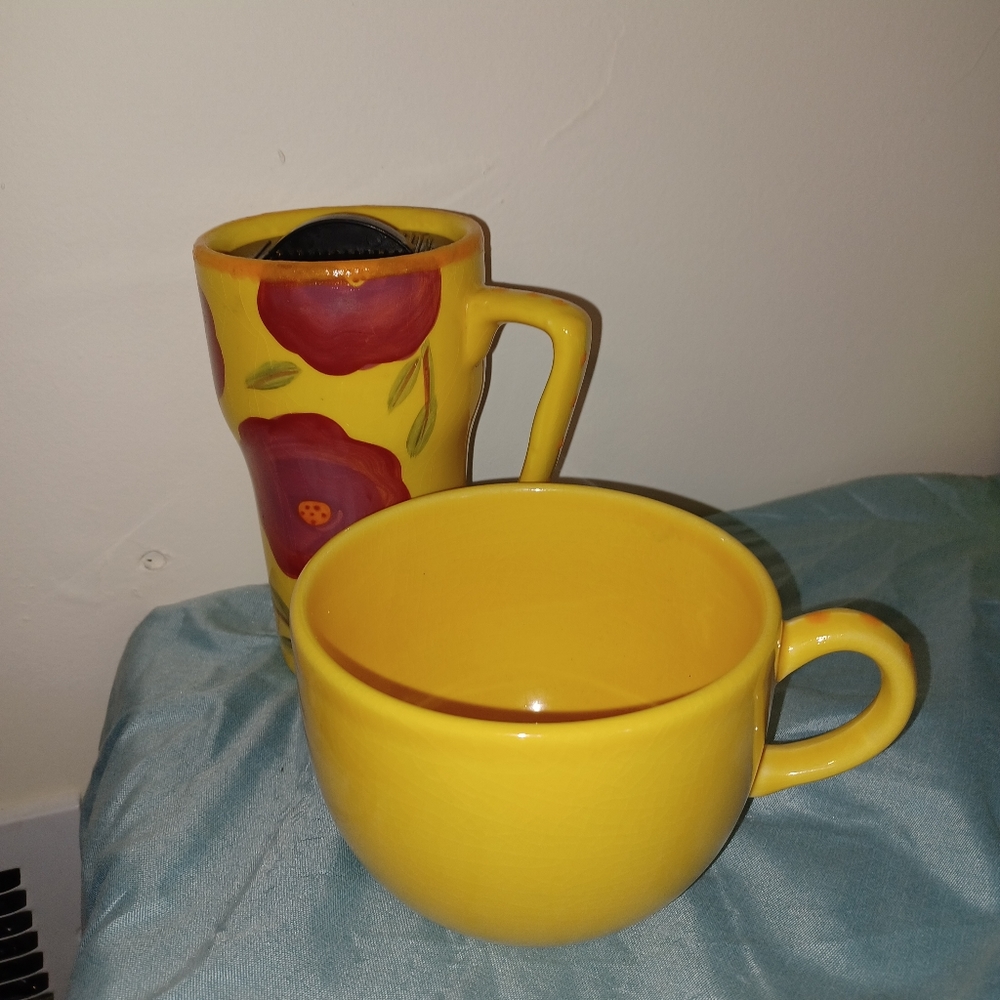 Mustard hand painted 2pc:travel mug & soup/chili mug. (042023A)